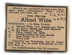 Alfred Wittes Todesanzeige aus dem Archiv der Fam. Ludwig Rudolph